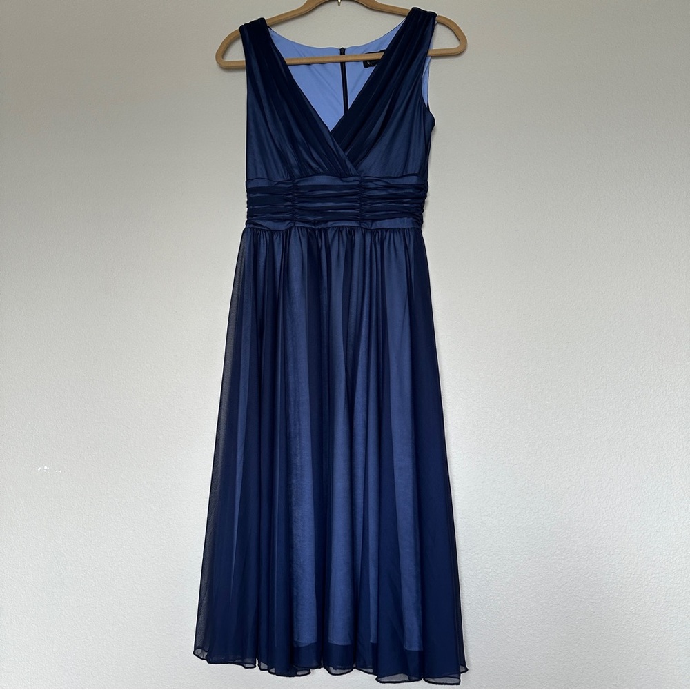 Connected Apparel Dark Navy Blue Pleated Midi V-Neck Dress